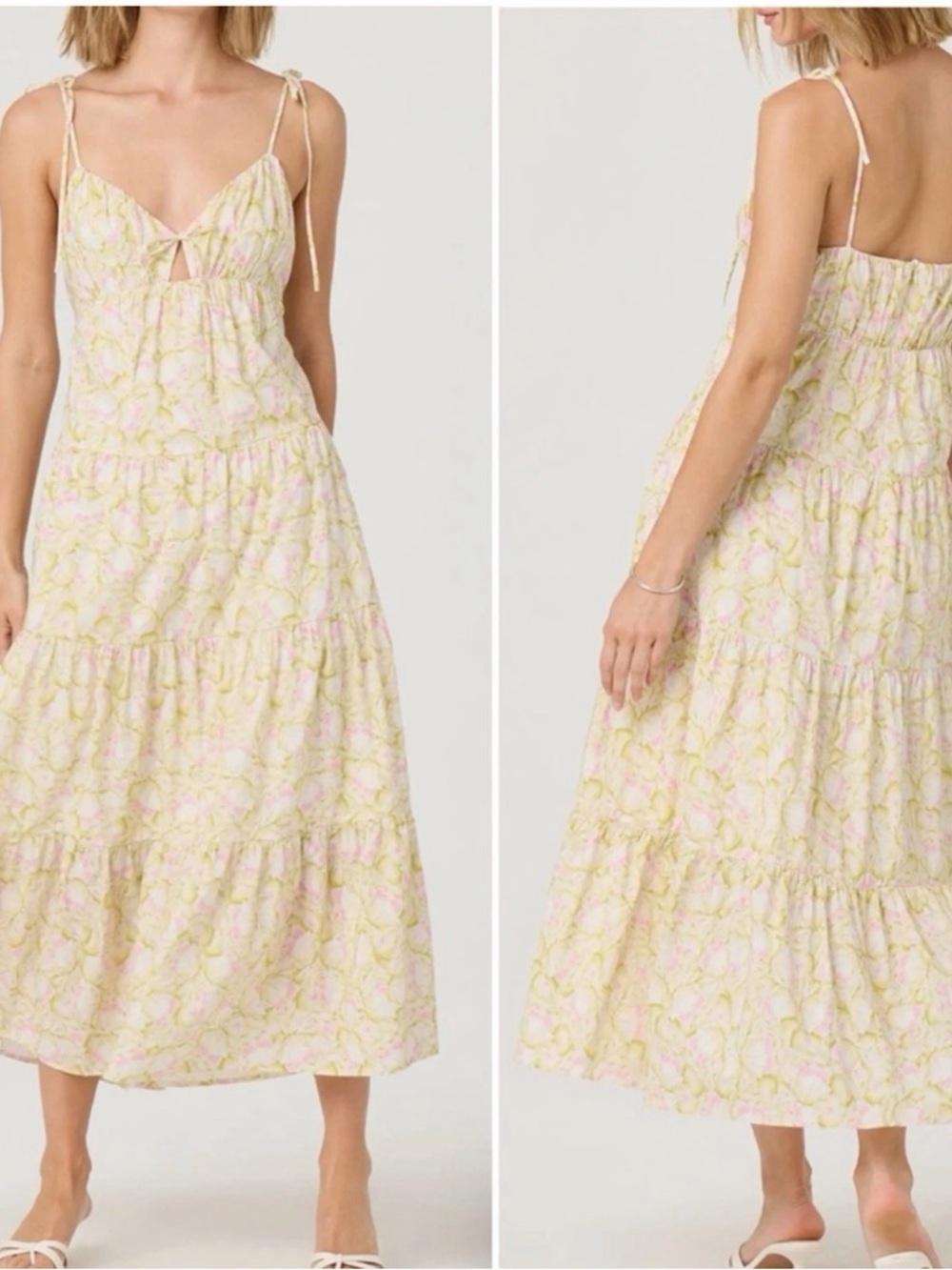Astr Floral Tie-Shoulder Maxi Dress in Pale Yellow and Light Pink